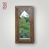 KB ART Handpainted Wooden Wall Mirror 9.5x19 Inch – Yellow with white Amboz Embroidery Design |  Arch Jharokha Boho Mirror | Indian Traditional Wall Decor